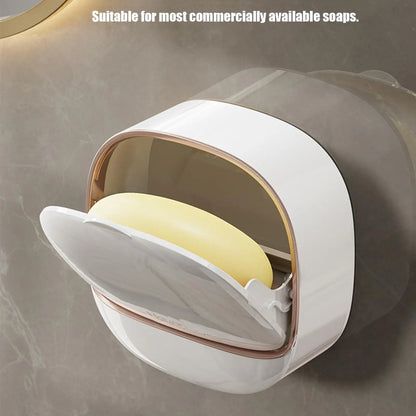 SoapGuard™ Wall Mounted Soap Holder with Lid – No Drill, Drainage System, Hygienic Soap Storage