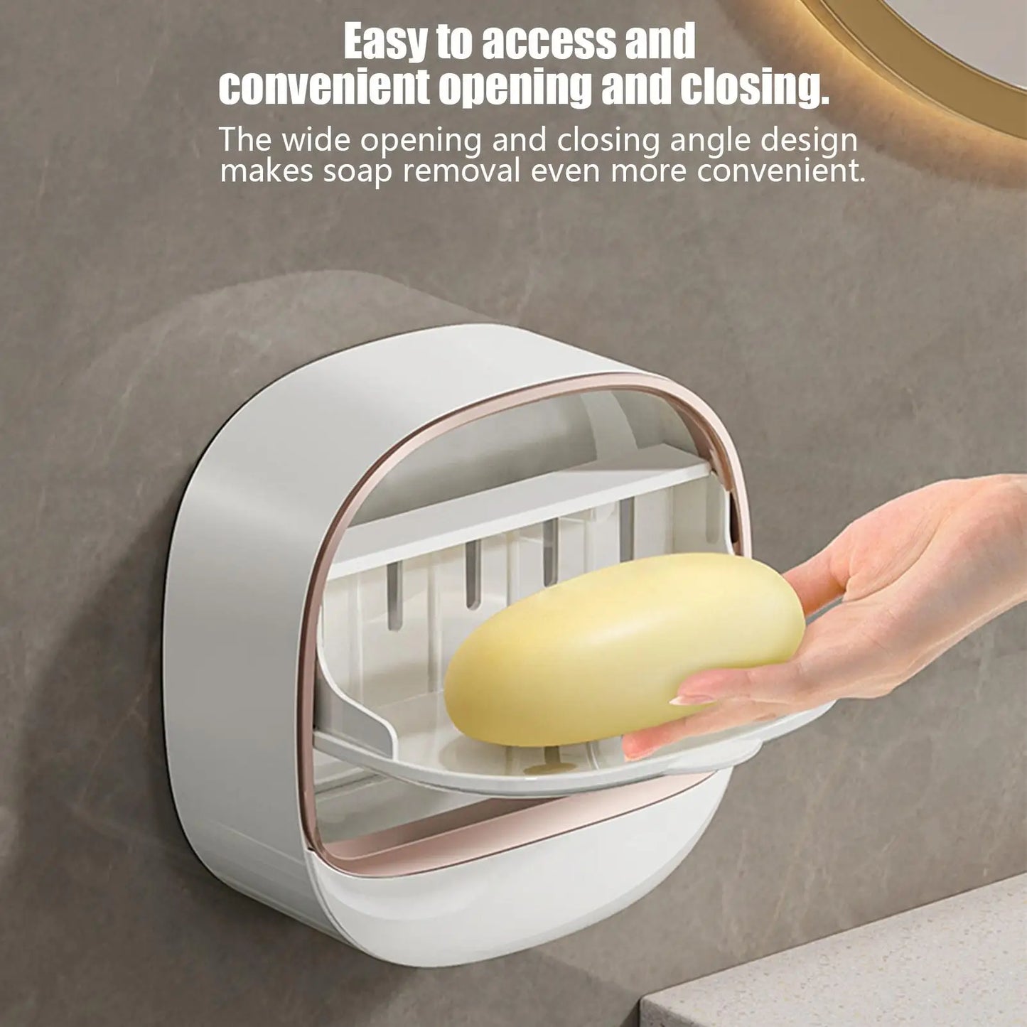 SoapGuard™ Wall Mounted Soap Holder with Lid – No Drill, Drainage System, Hygienic Soap Storage