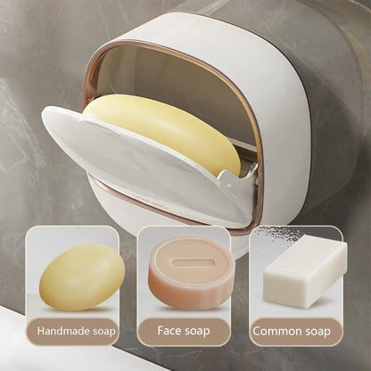 SoapGuard™ Wall Mounted Soap Holder with Lid – No Drill, Drainage System, Hygienic Soap Storage